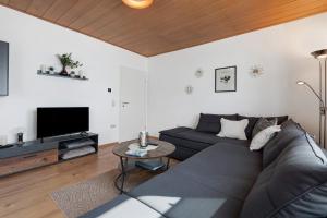 a living room with a couch and a tv at Ferienwohnung aufm Weinberg in Schwandorf in Bayern