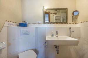 a bathroom with a sink and a toilet and a mirror at Haevn-Erholung, Fewo Sodalith in Reußenköge +21 photos