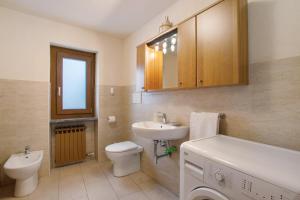 a bathroom with a sink and a toilet and a mirror at Appartamento Delfine in La Salle +14 photos
