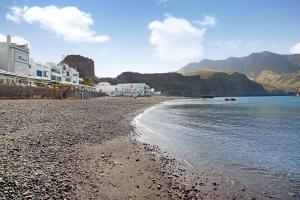 a beach with buildings and the ocean and mountains at Rach Agaete in Agaete