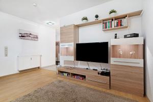 a living room with a flat screen tv on a wall at Ferienwohnung Rheinvorland in Linx