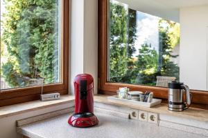 a red blender sitting on a counter next to a window at Die Ferienwohnung in Bad Bellingen