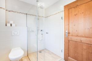 a bathroom with a shower with a toilet and a glass door at Ferienwohnung Bergblick in Bad Heilbrunn +13 photos