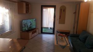 a living room with a couch and a television at Ferienwohnungen Hiddenseeblick 3 in Dranske