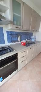 a kitchen with a sink and a stove top oven at Villetta Nicola in Salve
