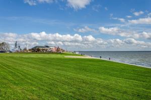 a green field next to the water with people on the beach at Ferienwohnung Klee 2 in Fedderwarden