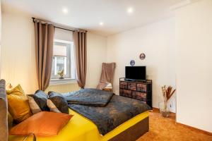 a bedroom with a large bed and a television at Gästewohnung Auszeit in Regis-Breitingen