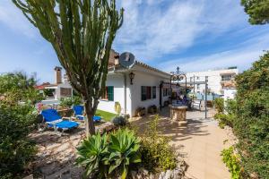 a house with a palm tree and blue chairs at Finca el Cactus in Can Picafort