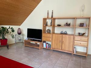a living room with a tv and wooden shelves at Ferienwohnung Heilsbronn in Heilsbronn