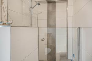 a shower with a glass door in a bathroom at Ferienwohnung 9 und 40 in Thunum +16 photos