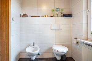 a white bathroom with a toilet and a sink at Ferienwohnung Kropp in Knorrendorf +18 photos