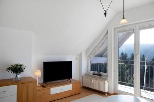 a living room with a flat screen tv and two windows at Ferienwohnung Tannenblick 7-5 in Oberhof