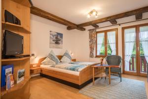 a bedroom with a bed and a tv and a table at Ferienwohnung Risthof 4 in Owingen