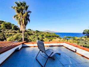 a chair on a balcony with a palm tree and the ocean at Casa Country in Capoliveri