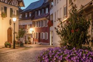 a street with purple flowers in a town with buildings at Lemkamp groß in Markdorf