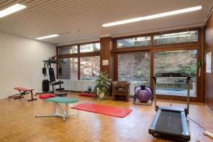 a room with a gym with lots of exercise equipment at Fw Moonlight mit Sauna, Schwimmbad in Schönwald