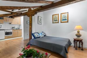 a bedroom with a bed and a kitchen at Apartamento 2 Casa Las Indianas in Selores +12 photos