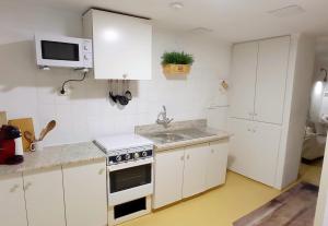 a kitchen with white cabinets and a sink and a microwave at Ca Les Nines 2 in Pinell de Bray