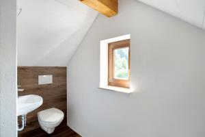 a bathroom with a white toilet and a window at Haus Erika Ferienwohnung 2 in Bad Teinach-Zavelstein +20 photos