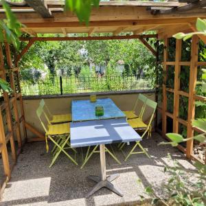 a picnic table and chairs under a pergola at Gîte Du Vignal in Mazeyrat-d'Allier