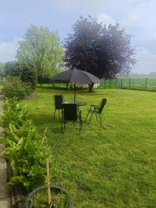 a table and chairs with an umbrella in a field at Gîte du Trempal in Audruicq +3 photos