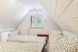 a attic bedroom with a bed and a window at Waldhaus zur Kleinbahn in Glashütte