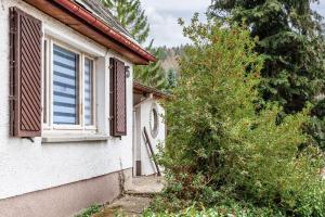 a house with a tree next to a window at Waldhaus zur Kleinbahn in Glashütte
