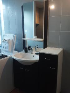a bathroom with a sink and a mirror at Le Gîte d’Ambre in Poullaouen +10 photos