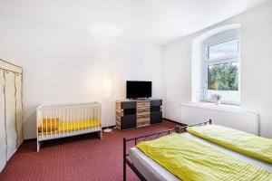 a bedroom with two beds and a tv in it at Haus Wipperblick in Osmarsleben