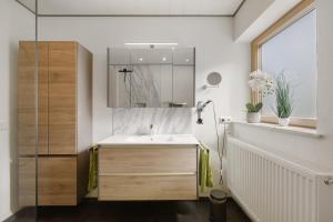 a bathroom with a sink and a mirror at Ferienwohnung Janko in Meßstetten +19 photos