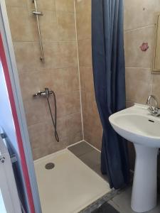 a shower with a sink and a shower curtain at La Maison Defanny - 1 in Muides-sur-Loire +11 photos