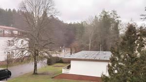 a white house with a roof and a tree at Ferienwohnung Schöntal in Ludwigswinkel