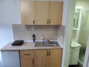 a kitchen with a sink and wooden cabinets at Apartmani Gradac in Valjevo +26 photos