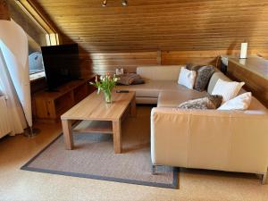 a living room with a couch and a table at Chalet am Silbersee in Frielendorf