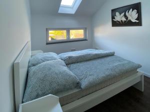 a bedroom with a bed with blue sheets and two windows at Ferienwohnung Repetal in Attendorn