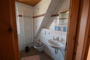 a small bathroom with a sink and a toilet at Haus Boddenperle in Breege +37 photos