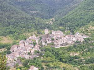 an aerial view of a village on a mountain at Rives du Tarn in Peyreleau