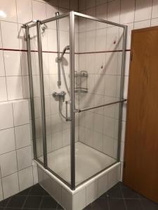 a shower with a glass door in a bathroom at Faißbauernhof in Winden im Elztal +12 photos