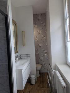 a bathroom with a white sink and a toilet at Chateau De Chaunac in Naves +35 photos