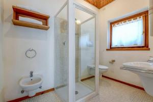 a bathroom with a shower and a toilet and a sink at Agriturismo Chalet Casa Al Campo in Giustino +15 photos