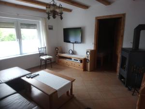 a living room with a couch and a flat screen tv at Naturteich-Haus in Kalkhorst