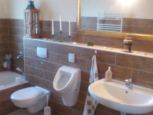 a bathroom with a toilet and a sink and a urinal at Naturteich-Haus in Kalkhorst +15 photos