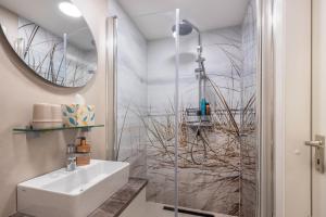 a bathroom with a shower with a sink and a mirror at Steuermann am Steinhuder Meer in Wunstorf +15 photos