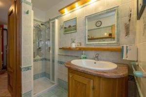 a bathroom with a sink and a shower at Chambre d'hôtes dans les Alpes in Conclonaz +37 photos