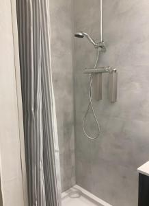 a shower with a shower head and a shower curtain at Petit nid pour oiseaux de passage in Cayriech +13 photos