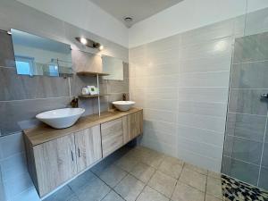 a bathroom with two sinks and a glass shower at Maison Des 3 Vallées - Wifi Véranda in Montmélian +20 photos