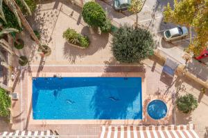 an overhead view of a blue swimming pool at Moby Dick in Benidorm