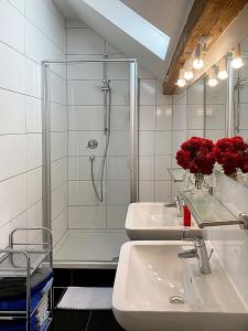 a bathroom with two sinks and a shower with red roses at Haus Haselmaus - Buntspecht in Schwäbisch Gmünd +13 photos