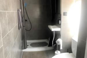 a bathroom with a shower and a sink and a toilet at Charming House Secret Rose in Flor da Rosa +35 photos