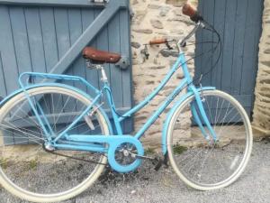 a blue bike parked next to a building at Charmante Longère La Meslière in Pannecé